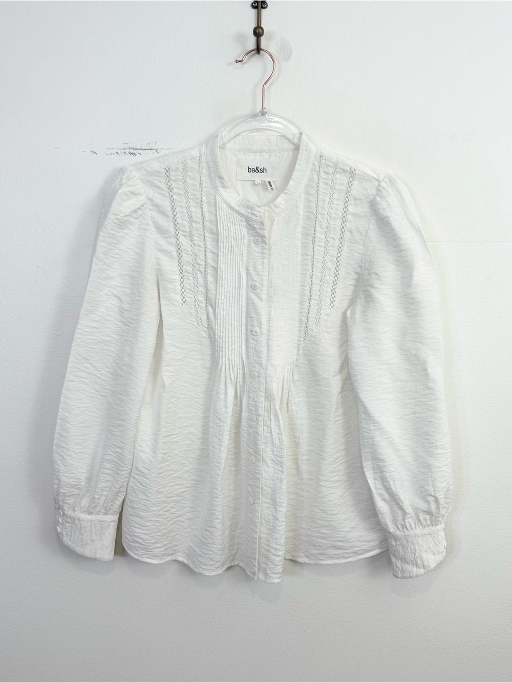 ba&sh Laura Pleated Lace Trim Blouse Ivory XS Romantic Pintuck Puff Sleeve Top - Picture 2 of 7